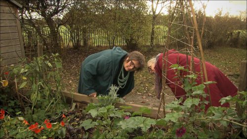 Silvia Gauß beugt sich gemeinsam mit einer Kollegin über ein Beet im Garten des Waldorfkindergartens, in dem sie seit 15 Jahren Geschäftsführerin ist.